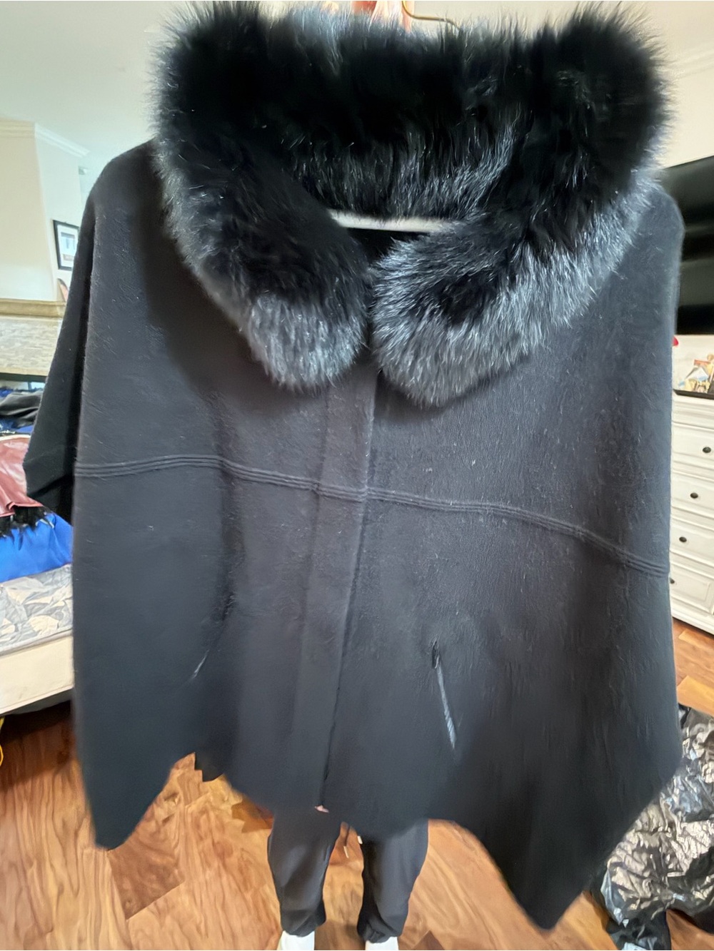 Neiman Marcus Black Cape with Plush Faux Fur Trim